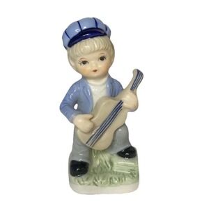 Vintage Porcelain Boy Figurine Guitar Blue Newsboy‎ Cap Hand Painted 4.25"
